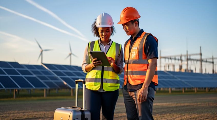 Two engineers in hard hats and safety vests review a tablet beside a rolling suitcase at a large solar farm, with wind turbines and a grid substation blurred in the background under warm evening light.