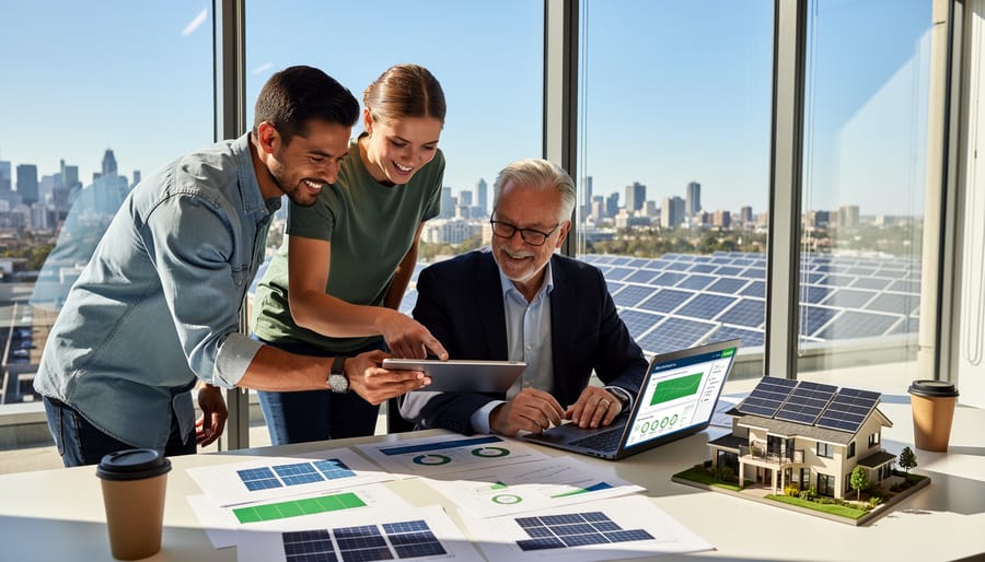 Multigenerational team collaborating on solar energy planning documents and equipment