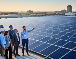 Diverse investors and a facility manager overlooking a large commercial rooftop solar array in warm late-afternoon light, with city industrial buildings softly visible in the background