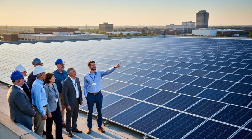 Diverse investors and a facility manager overlooking a large commercial rooftop solar array in warm late-afternoon light, with city industrial buildings softly visible in the background