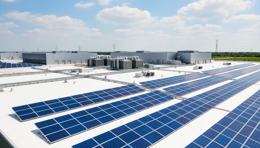 Industrial data center building with extensive solar panel array installed on rooftop