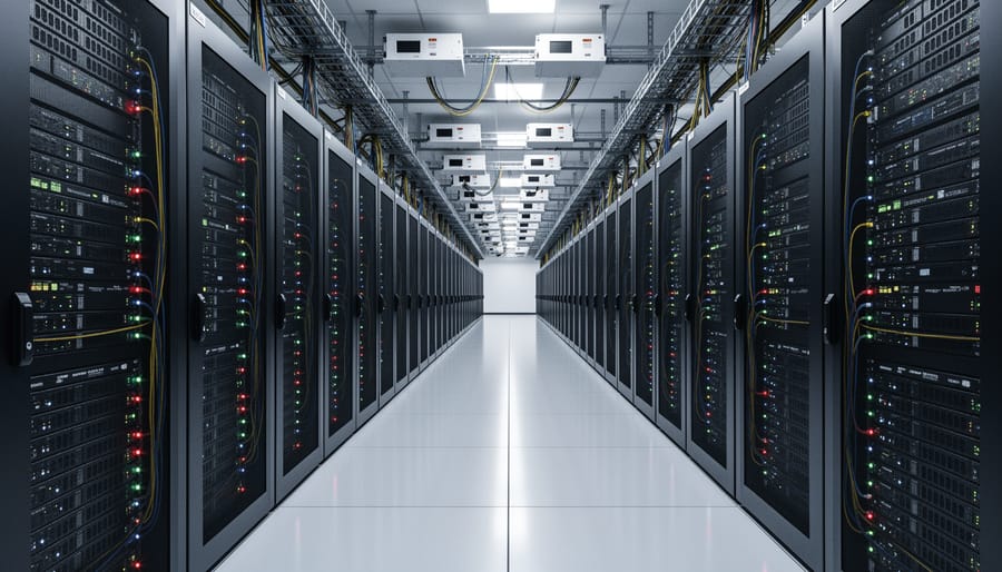 Interior view of data center server racks with LED indicators and cable management