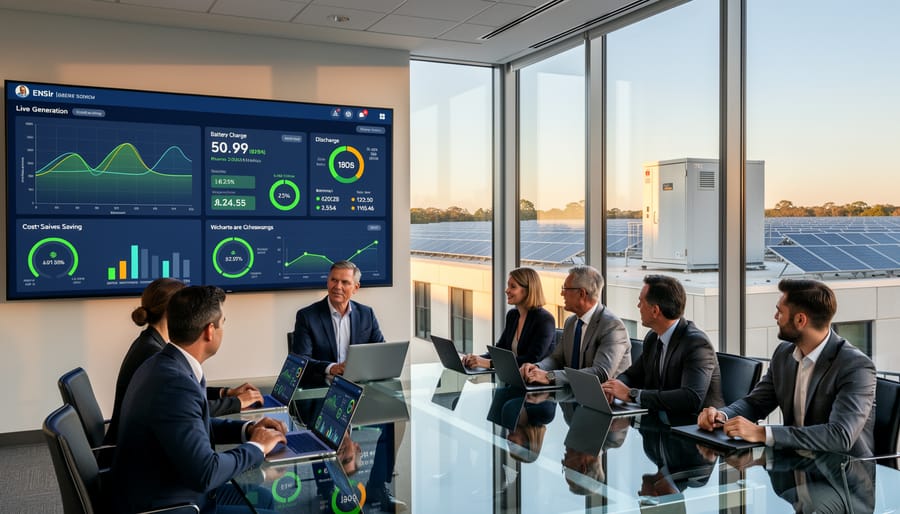 Business executive reviewing energy monitoring system display in modern office
