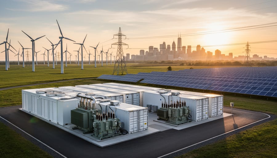 Technician inspecting solar energy storage and grid integration equipment