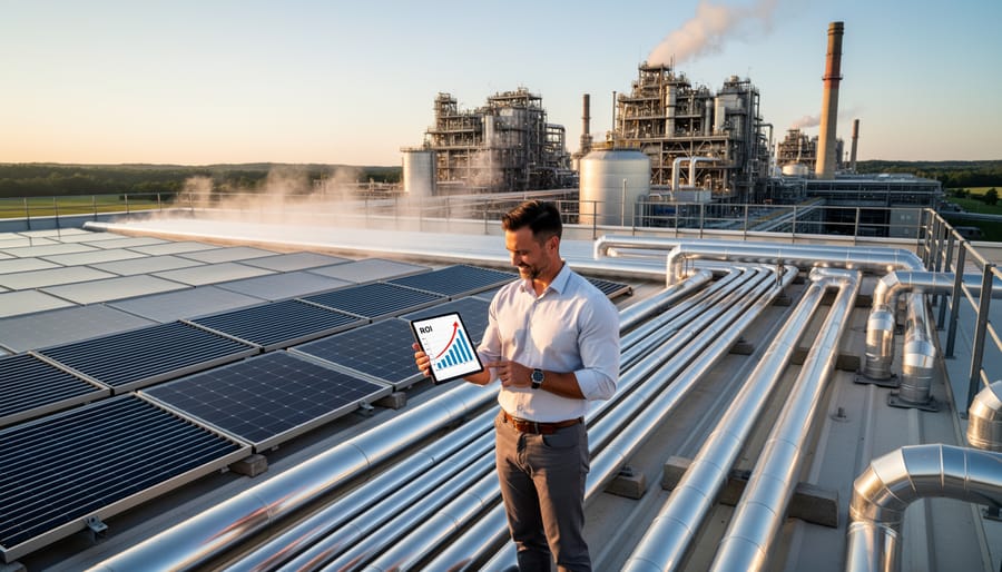 Facility manager reviewing industrial heating system controls and monitoring equipment