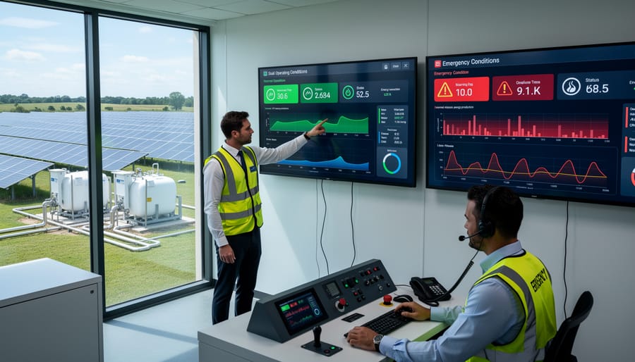 Facility manager monitoring solar-powered sanitation system operations in control room