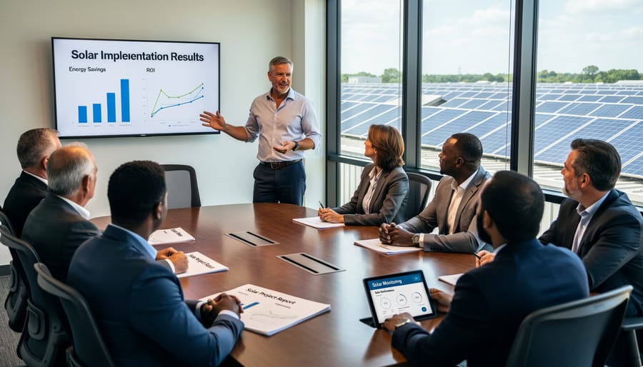 Business professionals and facility managers inspecting commercial solar panel installation