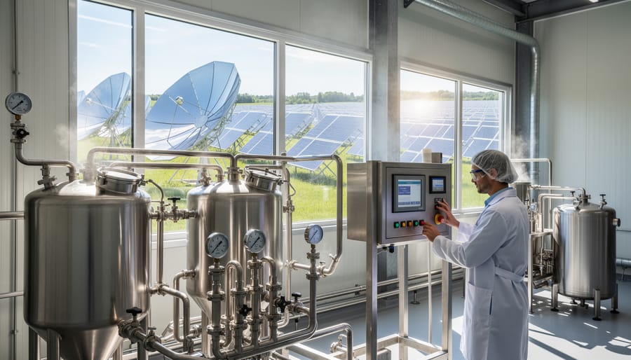 Steam rising from industrial food pasteurization equipment in manufacturing facility