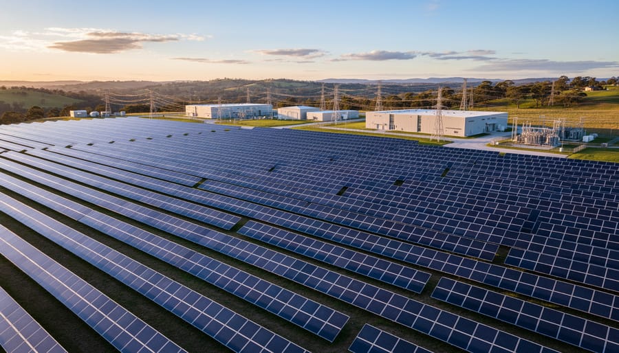 Aerial view of extensive ground-mounted solar panel farm adjacent to data center facility