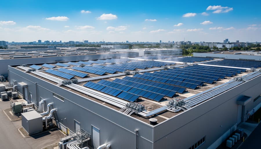 Large-scale solar thermal collector installation on industrial manufacturing facility rooftop