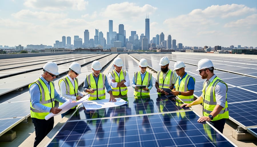 Diverse team of solar energy engineers collaborating on commercial rooftop installation