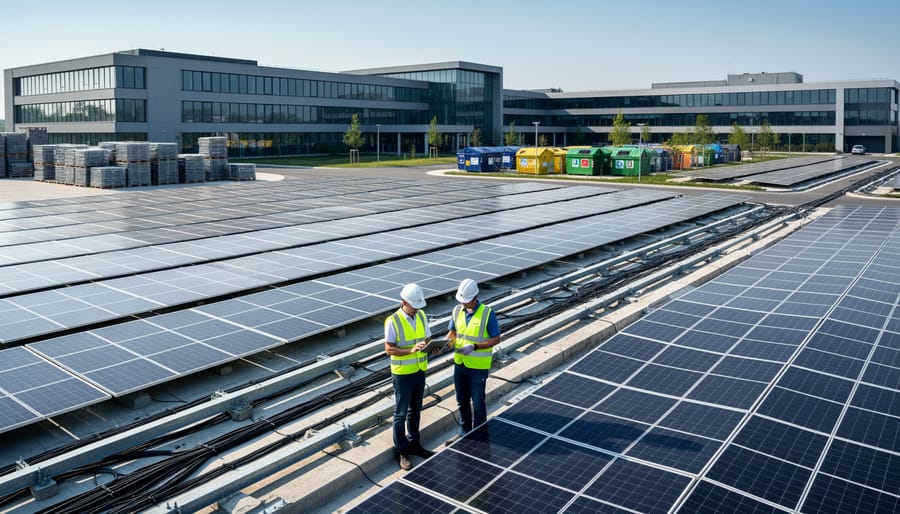 Expansive commercial solar panel installation on industrial facility rooftop