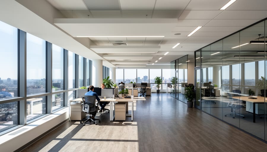 Modern office interior with light shelves directing natural sunlight throughout workspace