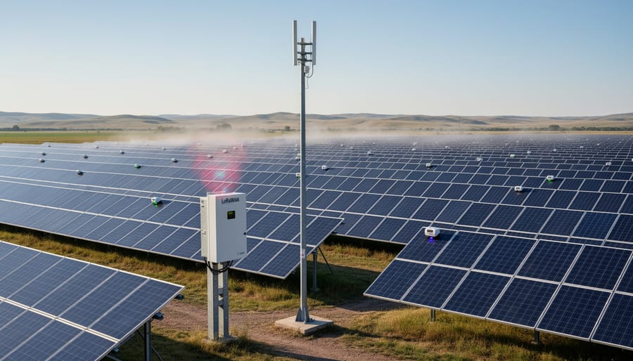 LoRaWAN communication antenna mounted near solar panel installation