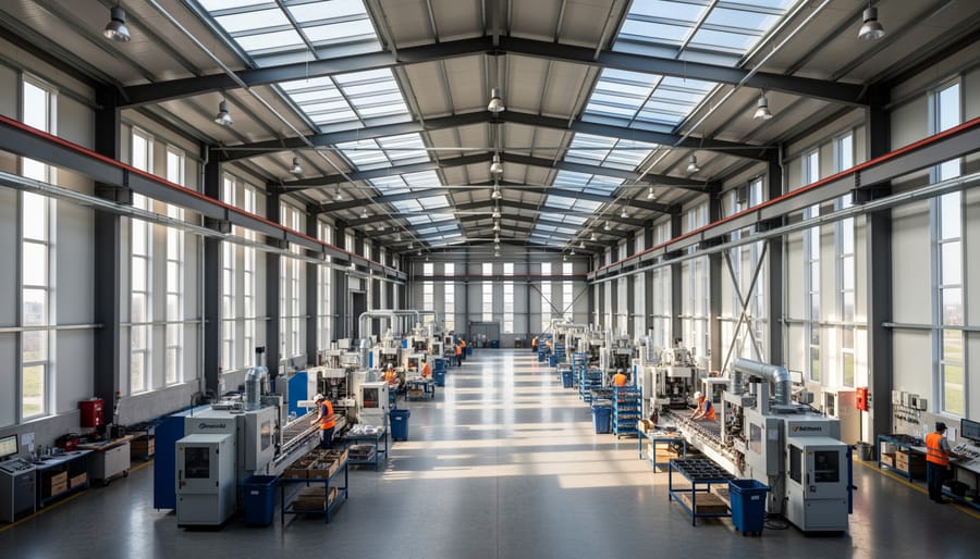 Industrial warehouse interior naturally lit through translucent skylights and clerestory windows