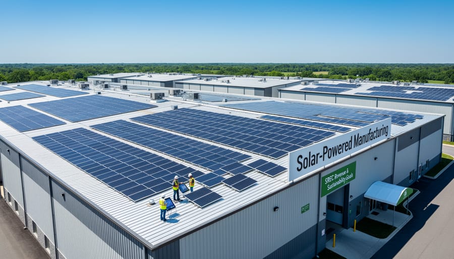 Manufacturing facility with solar panel canopy structure over employee parking lot