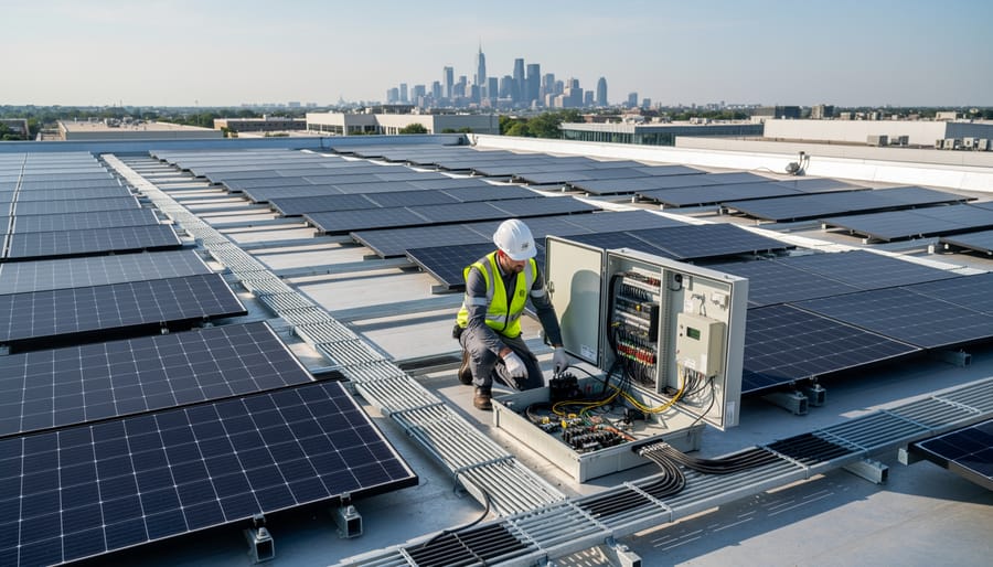 Commercial rooftop solar panel array with modular mounting systems