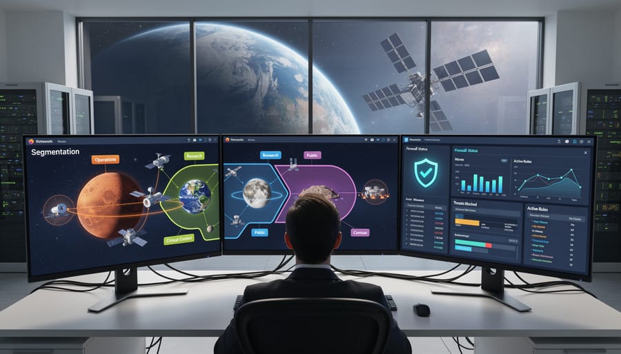 IT professional configuring network security equipment in server room