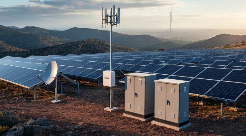 Remote commercial solar array with satellite dish, cellular antenna mast, and LoRaWAN gateway beside a SCADA cabinet and battery enclosure, lit by golden hour light with rugged hills and a distant tower in the background.