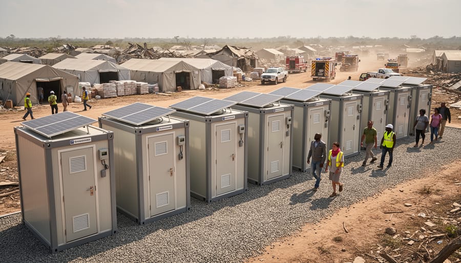 Emergency worker with portable solar-powered sanitation unit at disaster response site