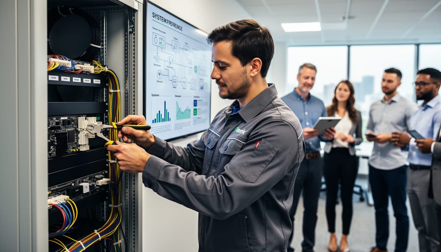 Solar technician installing panels on commercial rooftop