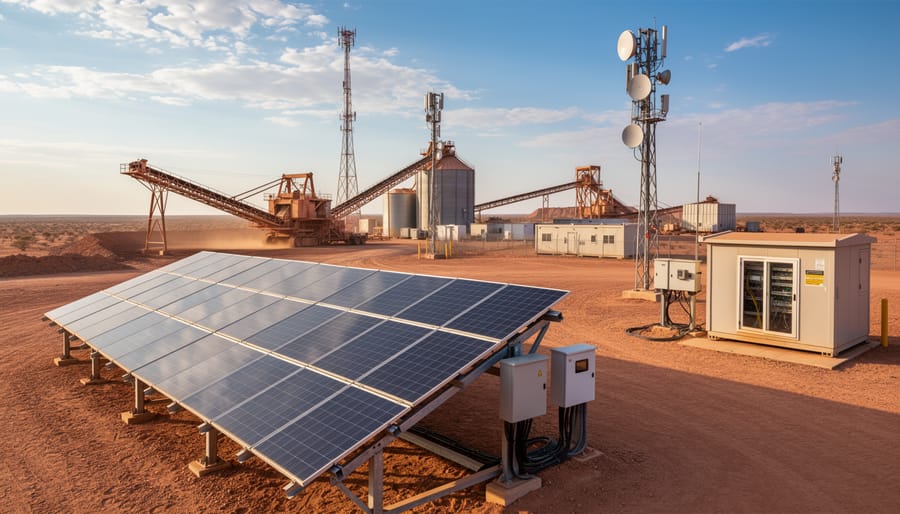 Remote mining facility with rooftop solar installations in desert landscape