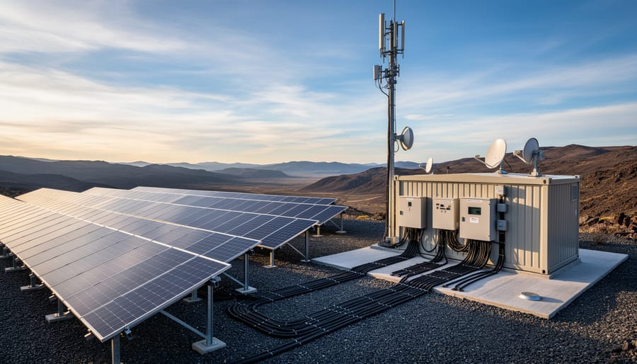 Solar panel array with communication antenna in remote mountain setting