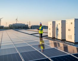 Engineer in safety vest inspects rooftop solar panels next to white battery storage cabinets on a corporate building at golden hour, with wind turbines and a city skyline softly blurred in the background.
