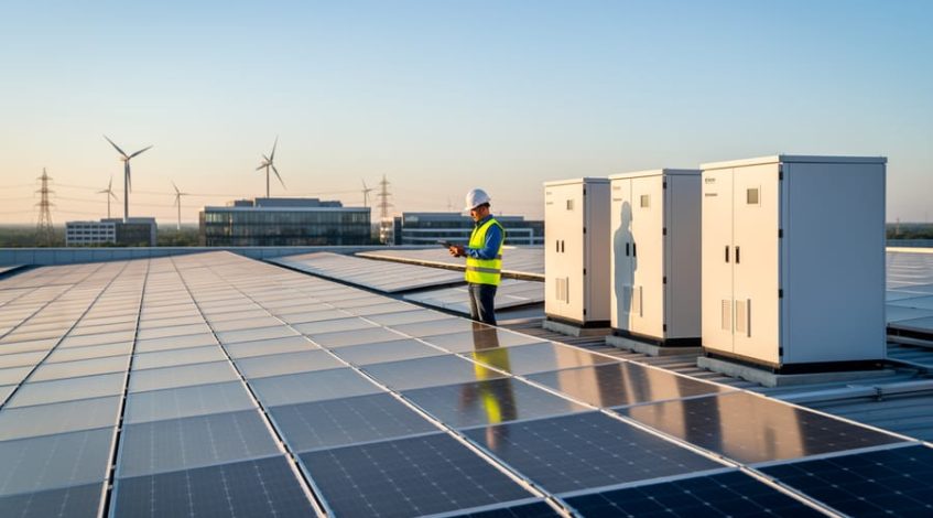 Engineer in safety vest inspects rooftop solar panels next to white battery storage cabinets on a corporate building at golden hour, with wind turbines and a city skyline softly blurred in the background.