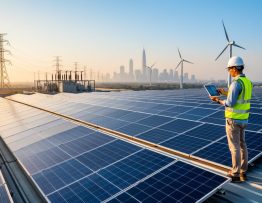 Facility manager in safety gear examines expansive solar panels on a commercial rooftop at sunset, with wind turbines, transmission lines, and a city skyline in the background.