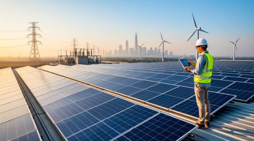 Facility manager in safety gear examines expansive solar panels on a commercial rooftop at sunset, with wind turbines, transmission lines, and a city skyline in the background.