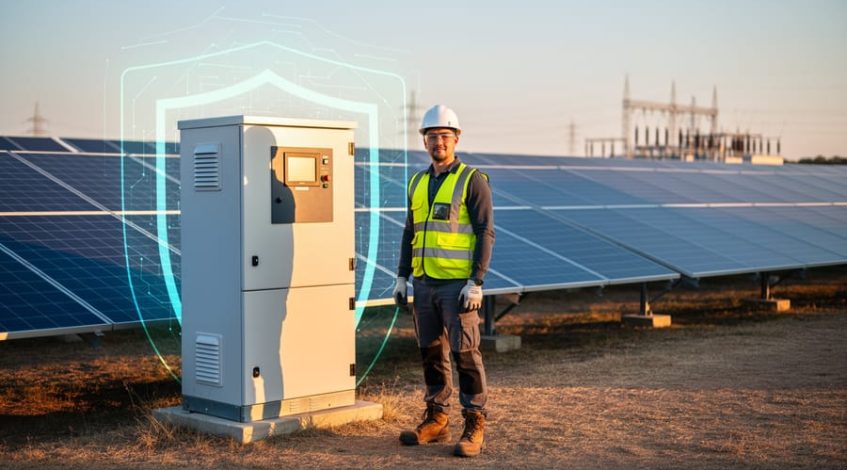 Technician in safety gear beside an inverter cabinet and rows of solar panels at a utility-scale farm, with subtle glowing network shield effects suggesting cybersecurity; golden hour side lighting; transmission towers softly blurred in the distance.
