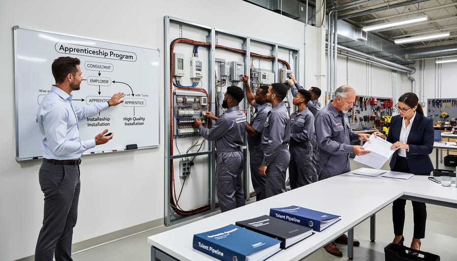 Experienced solar installer mentoring apprentice during hands-on panel installation training