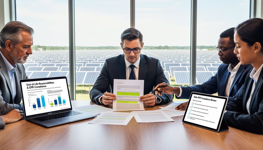 Business professional reviewing solar panel contracts and documentation