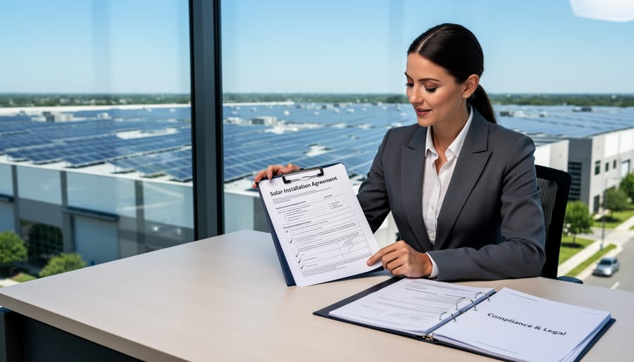 Business professional reviewing commercial solar installation contract documents