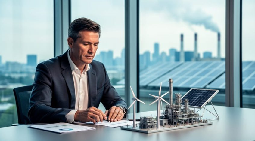 Business decision-maker in a modern conference room examining a small solar panel model beside a miniature power plant model, with blurred rooftop solar and distant smokestacks outside the glass wall under soft daylight.