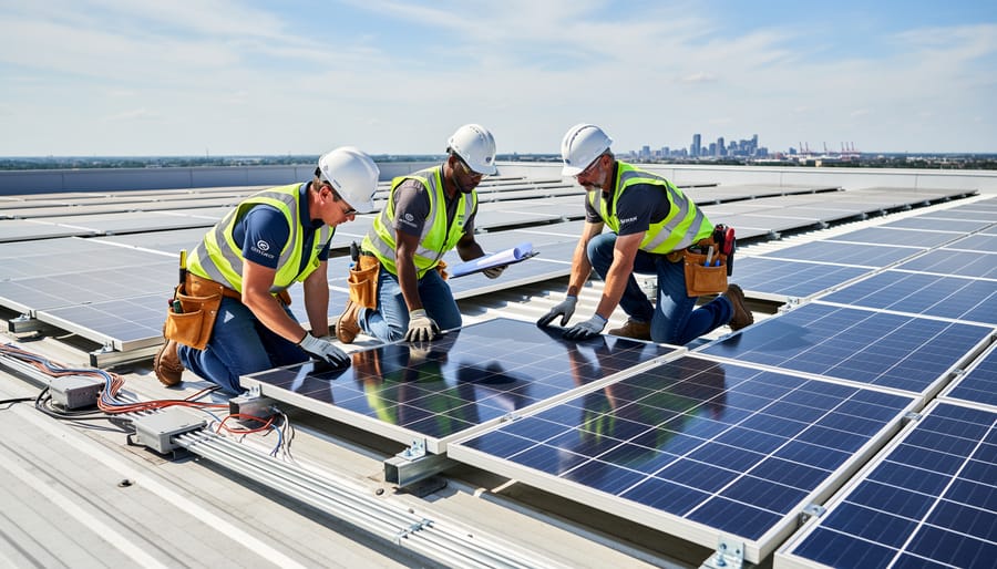 Team of solar installation workers in safety gear installing panels on commercial building rooftop