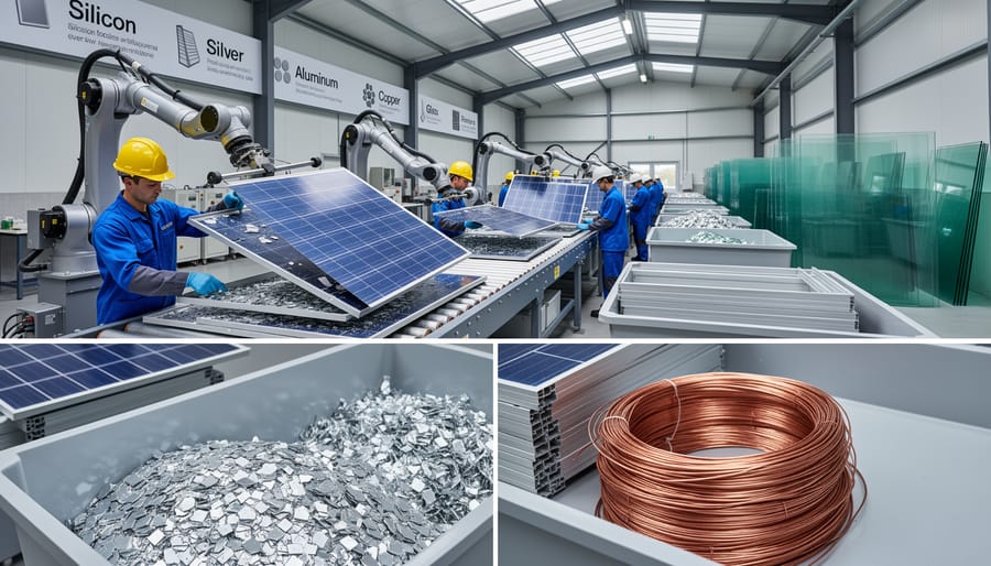 Separated solar panel components showing recyclable materials including silicon, aluminum, and glass