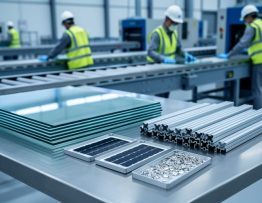 Disassembled solar panel on a stainless workbench with separated glass sheets, aluminum frame, and trays of reclaimed silicon cells and silver contacts, with blurred technicians and conveyor line in the background.