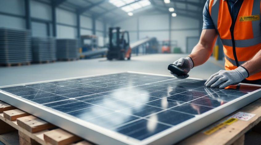 Gloved technician examines a decommissioned solar panel on a pallet inside a bright recycling facility, with blurred stacks of panels, a forklift, and conveyor equipment in the background.