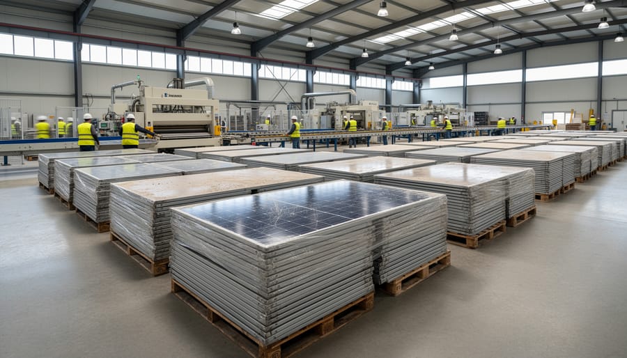 Stacks of used solar panels at industrial recycling facility