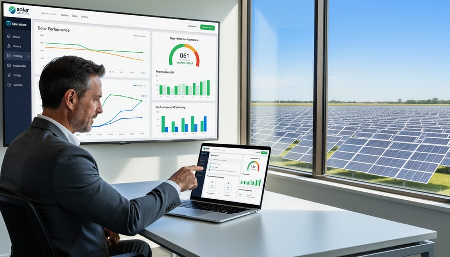 Professional reviewing solar energy performance data on digital tablet