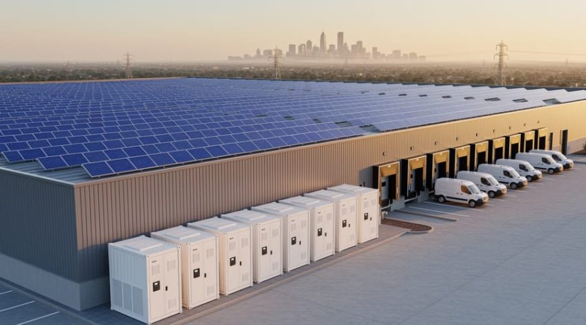 Elevated oblique view of a commercial building with roof-mounted solar panels and white containerized battery storage units on the ground, lit by golden hour sunlight, with loading bays and a distant city skyline in the background.