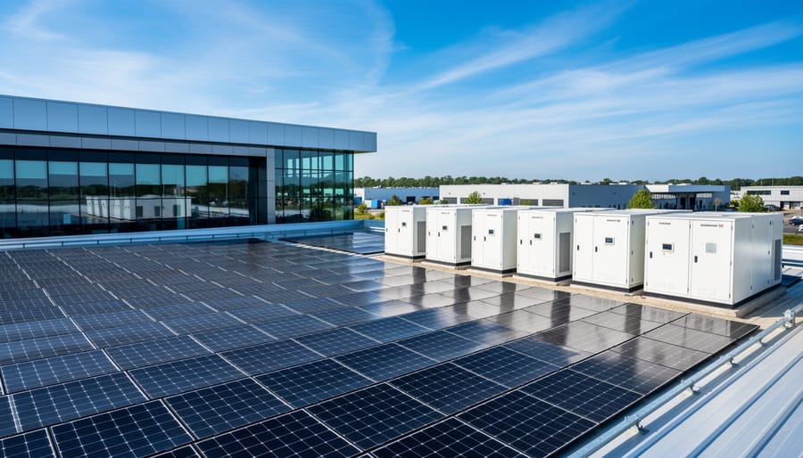 Commercial warehouse with rooftop solar panels and ground-level battery storage containers