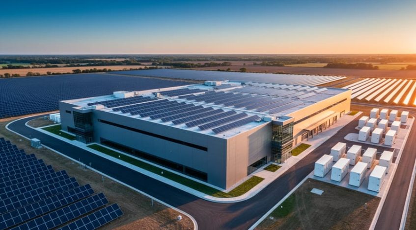 Elevated view of a sleek modern data center with large rooftop solar panels and an adjacent solar array, small battery storage units, and a service road under warm morning sunlight.