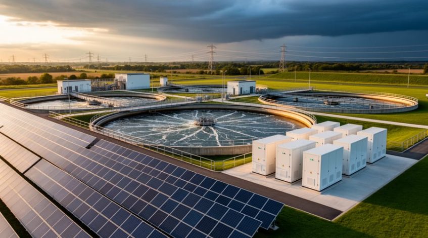 Aerial angled view of a wastewater treatment facility with rows of solar panels and battery storage beside aeration basins at golden hour, with pumping structures and distant power lines under clearing clouds.