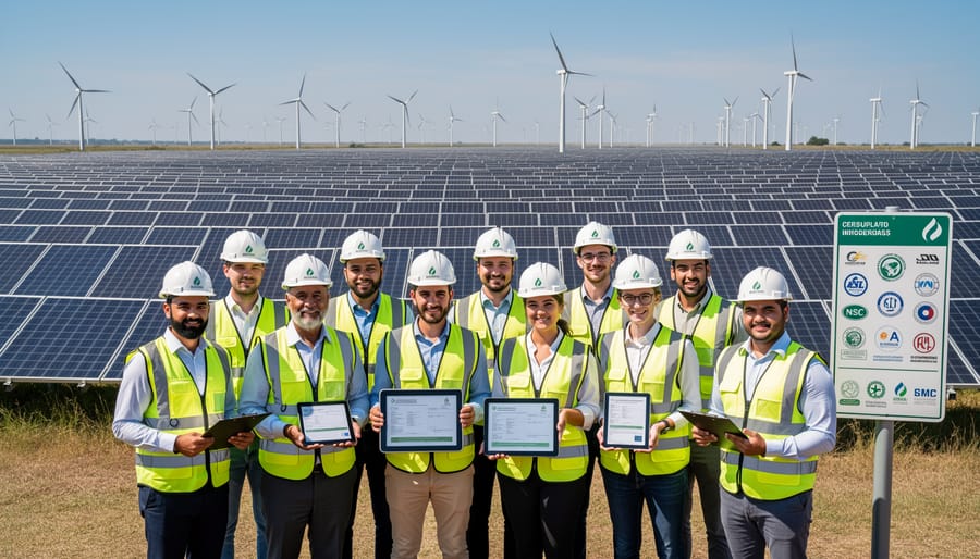 Solar technician reviewing professional certifications and system monitoring data