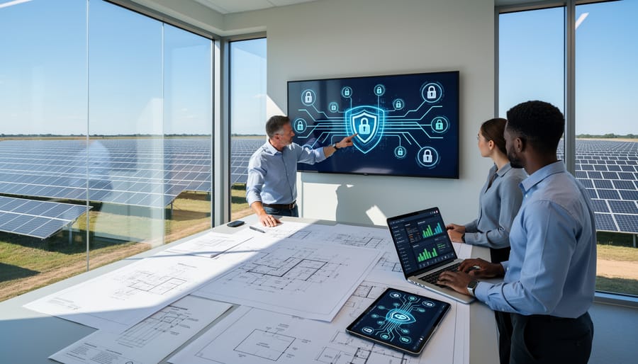 Business professionals reviewing solar installation security requirements and contracts