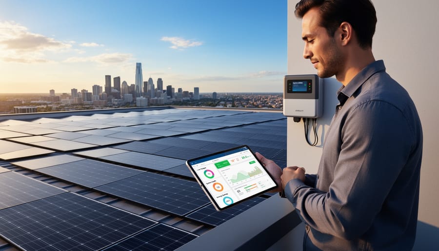 Young engineer inspecting commercial solar panel installation on rooftop with digital monitoring device