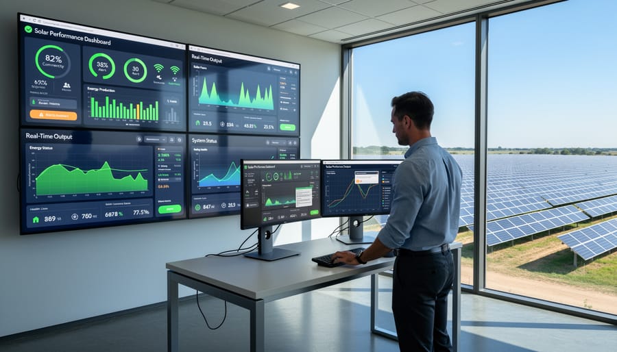 Facility manager monitoring solar system performance on tablet device